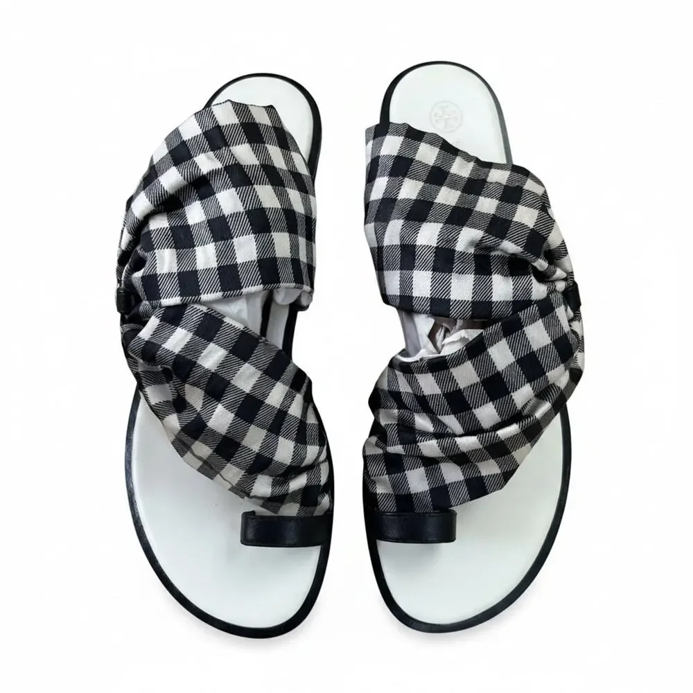 Tory Burch black and white gingham Selby Scarf sandals, size 8.5, BRAND NEW!